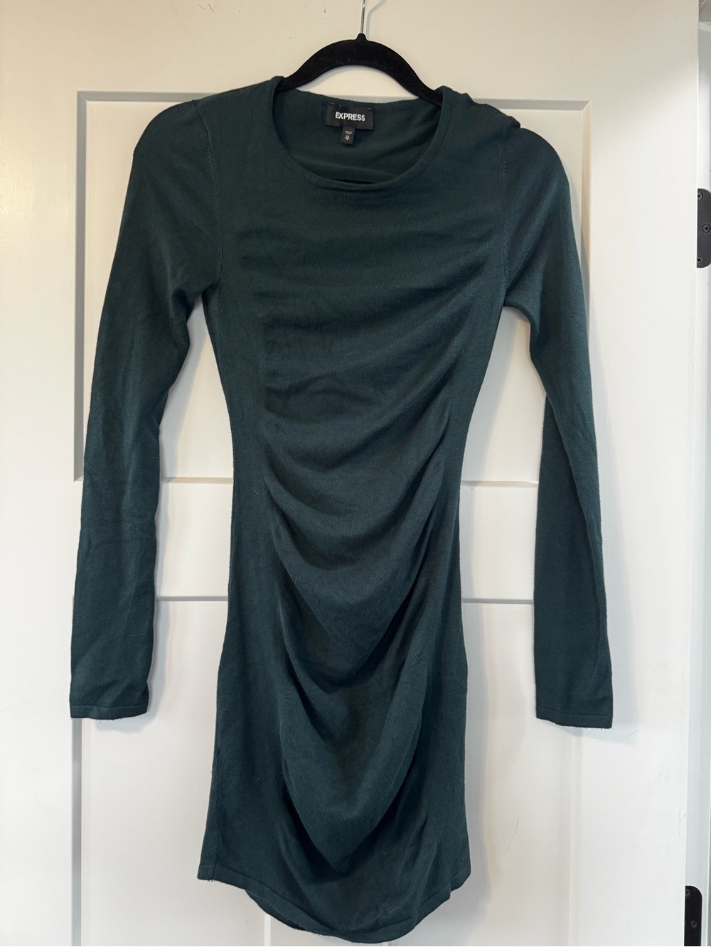 Express Dark Teal Long Sleeve Ruched Bodycon Dress